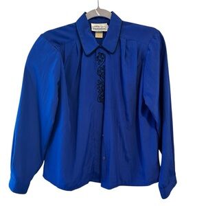 Petite Impressions Vintage Royal Blue Blouse with Black Trim Silk